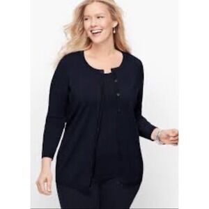 Talbots Women Cardigan Size 2X Solid Black Rayon Nylon Button Up 3/4 Sleeve Knit